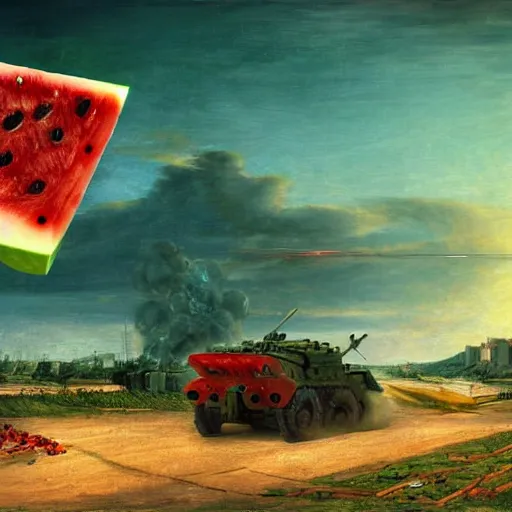 Prompt: Watermelon as military vehicle with epic weapons, launching rockets on a battlefield, russian city as background. Concept digital art in style of Caspar David Friedrich, More Military vehicle less watermelon, epic RTX dimensional dramatic light