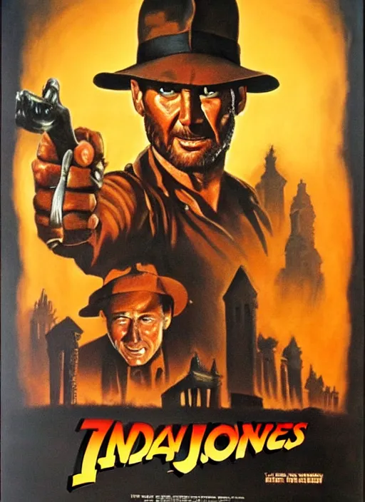 Image similar to creepy horror 1 9 8 6 poster for indiana jones. oil on canvas. print.