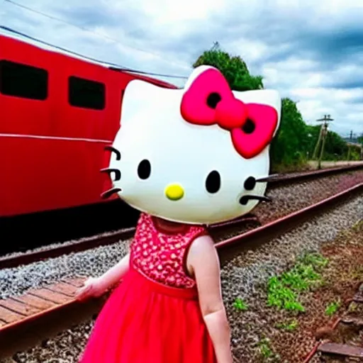 Image similar to hello kitty, wearing a watermelon dress, waiting by the train tracks