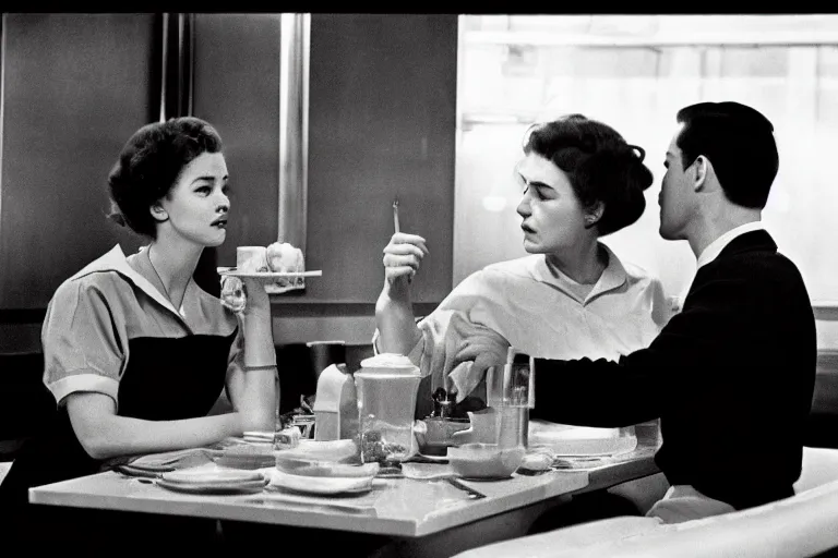 Image similar to beautiful couple arguing in a New York diner 1959s, by Roger Deakins