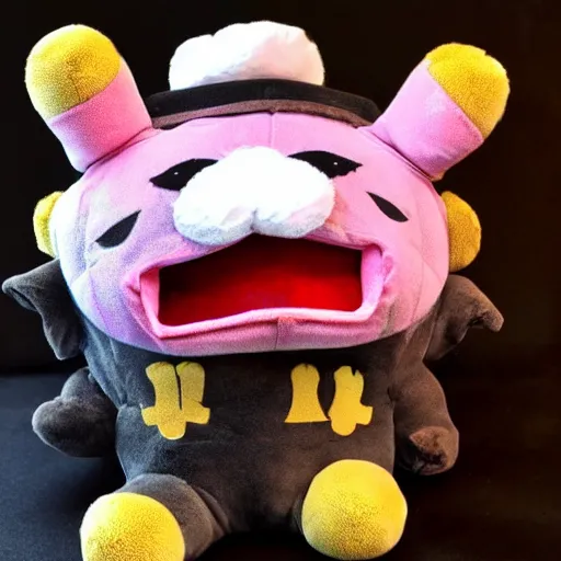 Prompt: cute fumo plush of the arson - loving fiendish trickster who often sets empty houses on fire, monster