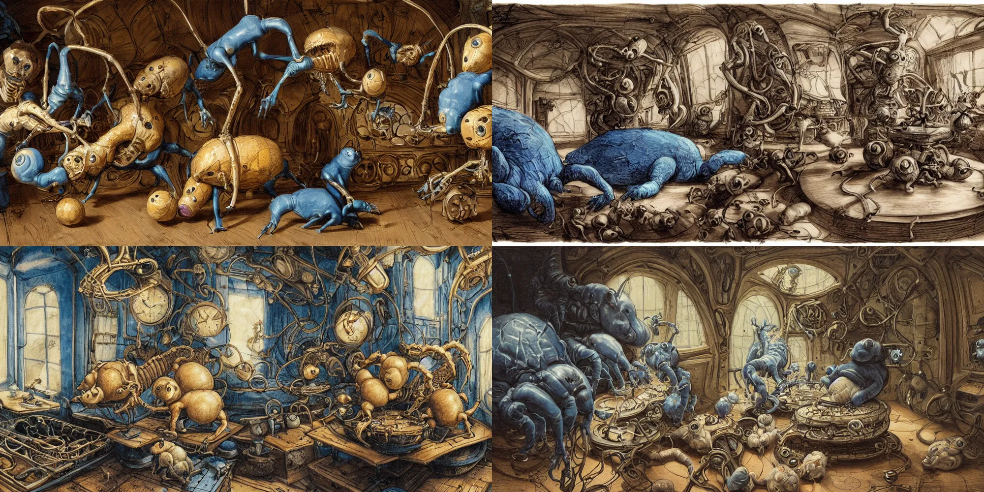 Prompt: portly spider - piglet creatures enjoying a snack in a biomechanical space station interior, bucolic, teatime, rococo, baroque, american realist, sublime, comforting, warm light, burnt sienna, cerulean blue, engraving, energetic linework, high contrast, figurative painting, grisaille