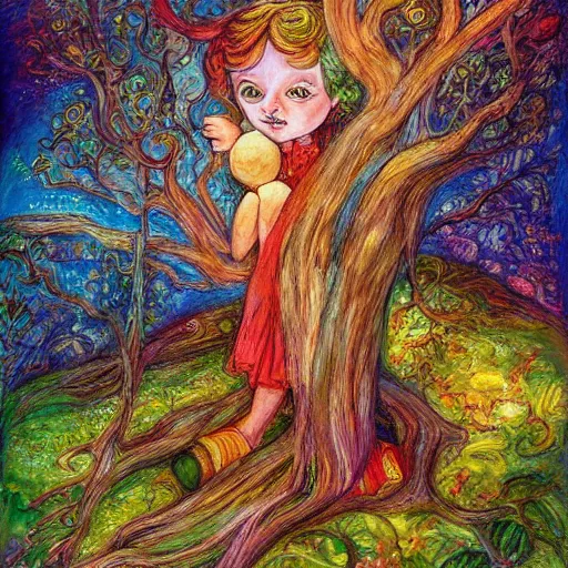 Image similar to a painting of a child and a tree, a storybook illustration by josephine wall, deviantart, metaphysical painting, storybook illustration, detailed painting, whimsical