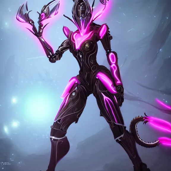 Image similar to highly detailed exquisite fanart, of a beautiful female warframe, but as an anthropomorphic elegant robot female dragoness, glowing eyes shiny, and smooth off-white plated armor, bright Fuchsia skin beneath the armor, sharp claws, long sleek tail behind, robot dragon hands and feet, standing elegant pose, close-up shot, full body shot, epic cinematic shot, professional digital art, high end digital art, singular, realistic, DeviantArt, artstation, Furaffinity, 8k HD render, epic lighting, depth of field