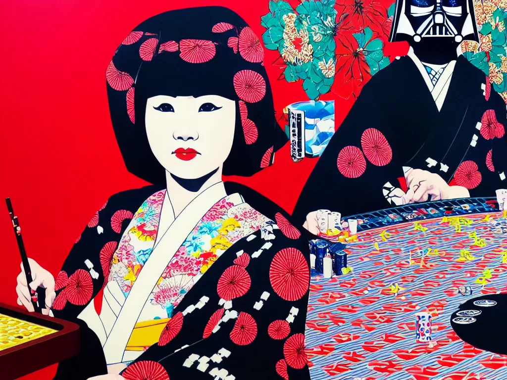 Image similar to hyperrealistic composition of the detailed woman in a japanese kimono sitting at a extremely detailed poker table with detailed darth vader, fireworks, mount fuji on the background, pop - art style, jacky tsai style, andy warhol style, acrylic on canvas