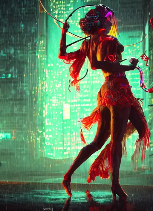 Image similar to An epic fantasy comic book style full body portrait painting of a very beautiful imposing cyberpunk Hula Dancer dancing in the rain, neon reflections in the rain puddles, character design by Mark Ryden and Pixar and Hayao Miyazaki, unreal 5, DAZ, hyperrealistic, octane render, cosplay, RPG portrait, dynamic lighting, intricate detail, cinematic