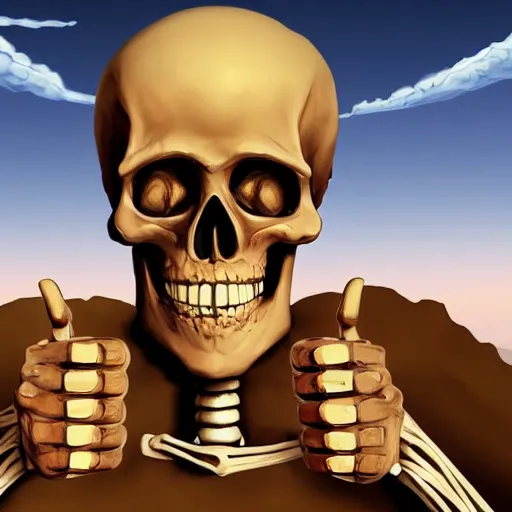 Image similar to beautiful portrait of skeleton with thumbs up, nuclear explosion in the background, trending on Artstation