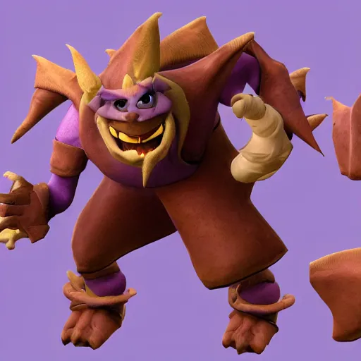 Image similar to character 3 d concept art page of a humanoid troll with a coat as an enemy in spyro the dragon video game concept art, spyro trilogy remaster concept art, playstation 1 era graphics, activision blizzard style, 4 k resolution concept art