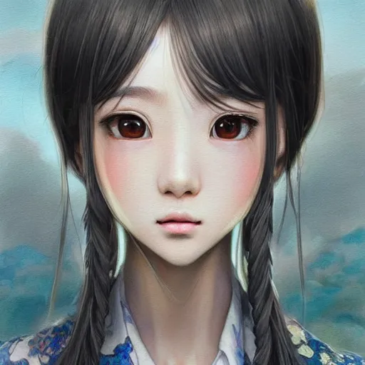 Image similar to dynamic composition, motion, ultra-detailed, incredibly detailed, a lot of details, amazing fine details and brush strokes, colorful and grayish palette, smooth, HD semirealistic anime CG concept art digital painting, watercolor oil painting of a Korean schoolgirl, by a Chinese artist at ArtStation, by Huang Guangjian, Fenghua Zhong, Ruan Jia, Xin Jin and Wei Chang. Realistic artwork of a Chinese videogame, gradients, gentle an harmonic grayish colors.