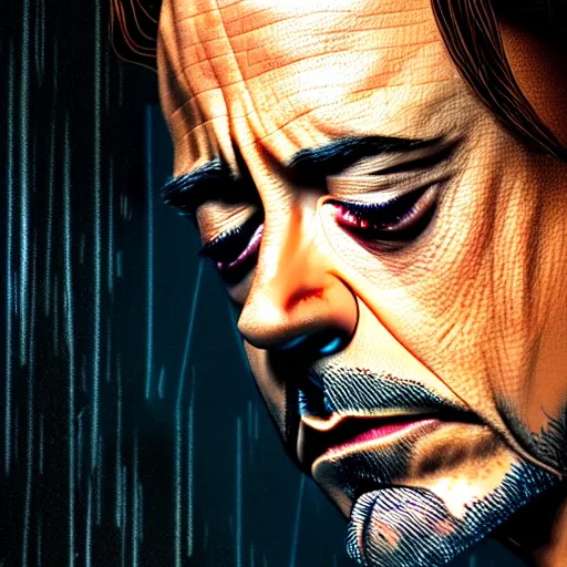 Prompt: photorealistic, hyperdetailed portrait of robert downey junior, night, city, rain, dense fog, hd, 8 k resolution