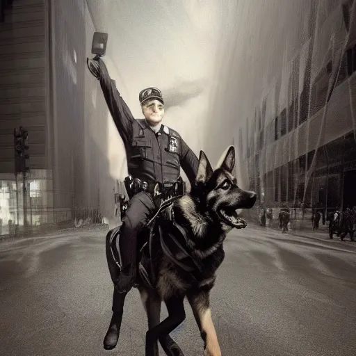 Image similar to police officer riding a giant German shepherd in the city, trending on artstation