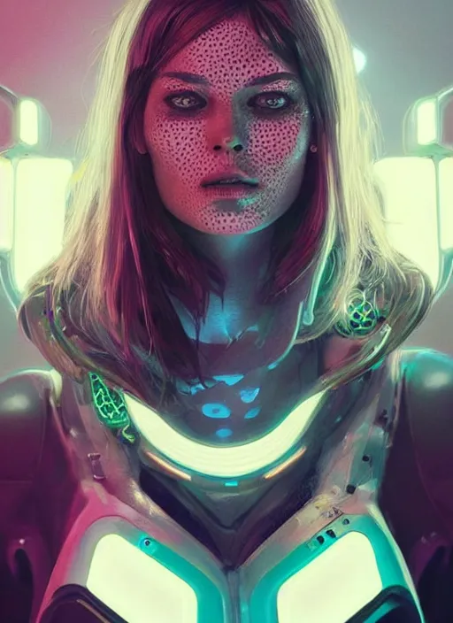 Image similar to an attractive caucasian female humanoid with freckles, cyber neon lighting, futurism, intricate futuristic jewelry accessories, cyberpunk high fashion, profile posing, hyper photorealistic, crispy quality, digital photography, trending in artstation, trending in pinterest, cinematic, 4 k ultra hd, art by pascal blanche, art by greg rutkowski,