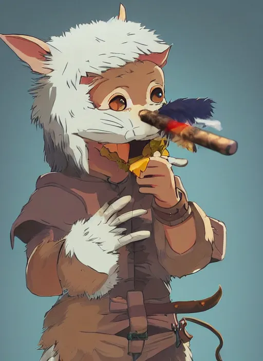 Image similar to studio ghibli pathfinder 2 e illustration of furry goblin smoking a cigar, character portrait, unreal engine, hyper realism, realistic shading, cinematic composition, realistic render, octane render, detailed textures, photorealistic, wide shot