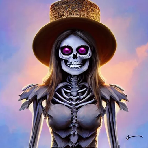 Image similar to cute & beautiful smiling undead skeleton girl wearing a sombrero, digital art, fantasy, painting, highly detailed, art by artgerm