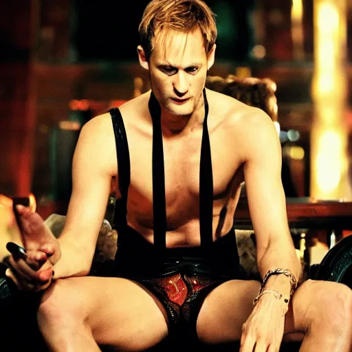 Prompt: eric northman sitting on his throne in a busy night club