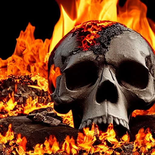 Prompt: a skull on a pile of burning coals and embers, isometric, 3 d render, 8 k