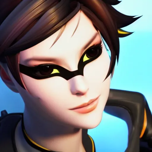 Image similar to tracer overwatch wearing black choker, dark makeup, feminine facial features, detailed eyes, detailed face, 4 k,