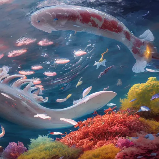 Prompt: subsurface scattering, white, giant submarine, koi colors, koi itself not shown, octane render, jesper ejsing, justin gerard, james jean, tomasz alen kopera, cgsociety, fenghua zhong, makoto shinkai, highly detailed, rim light, art, cinematic lighting, very coherent, hyper realism, 8 k