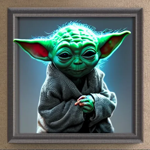 Image similar to small cute baby yoda, hyper detailed painting, dramatic lighting, cinematic,