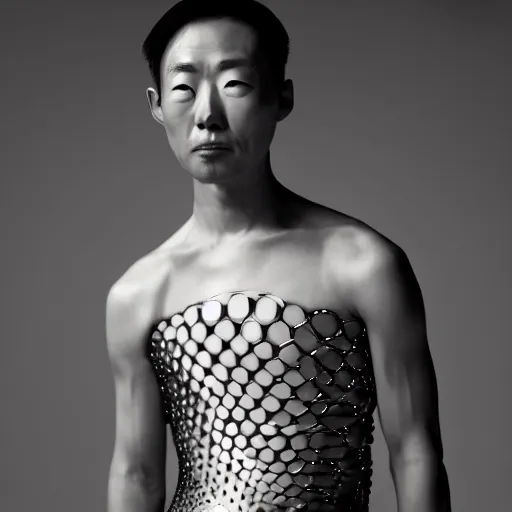 Image similar to a japanese male wearing a iris van herpen crop top, photographed by erwin olaf