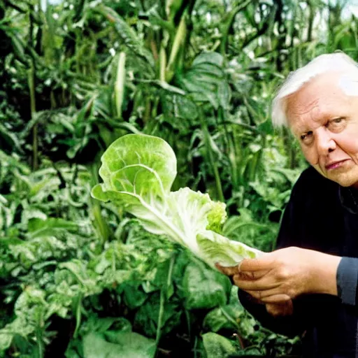 Image similar to David Attenborough looking at a piece of lettuce in the jungle, still, photograph, sharp focus
