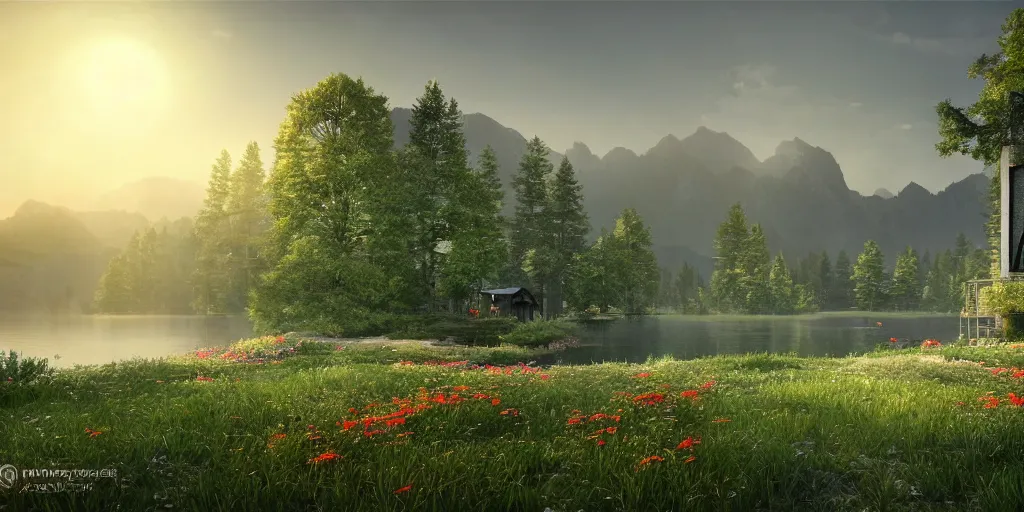 Prompt: a serene landscape with a singular building near a lake at sunrise, forest, mountains, clouds in the sky, concept art, octane render, unreal engine 5, trending on DeviantArt, highly detailed, high quality, 4K, low contrast, path traced, godrays, bloom, Ferdinand Knab, beautiful landscape, red flowers, trending on Artstation, soft lighting, hyperrealistic, digital art