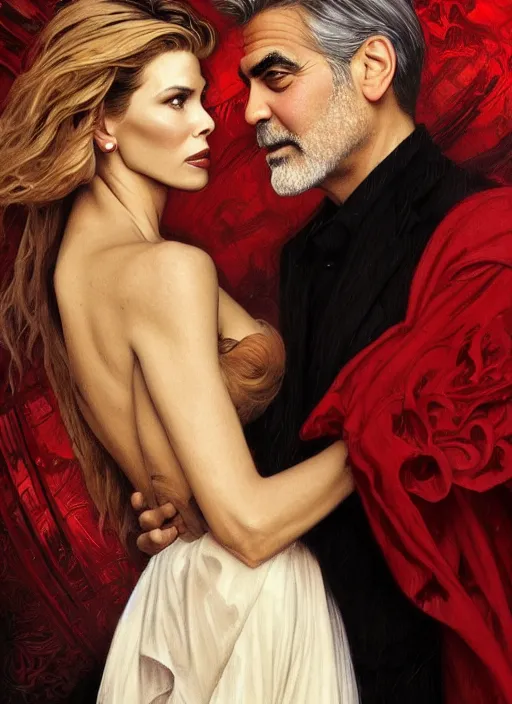 Image similar to george clooney wearing a formal black suit and kim basinger wearing a red dress in love hugging each other, highly detailed, focus stacked, candid portrait, art by artgerm and greg rutkowski and alphonse mucha