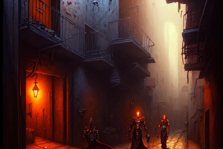 Image similar to a shadowy alleyway in the city of tyr from athas, amazing dark sun d & d art, by gerald brom, by wlop, intricate details, ultra realistic, beautiful, volumetric lighting, warm colors advance cool colors recede, the rule of thirds, by greg rutkowski, trending cgsociety, artstation