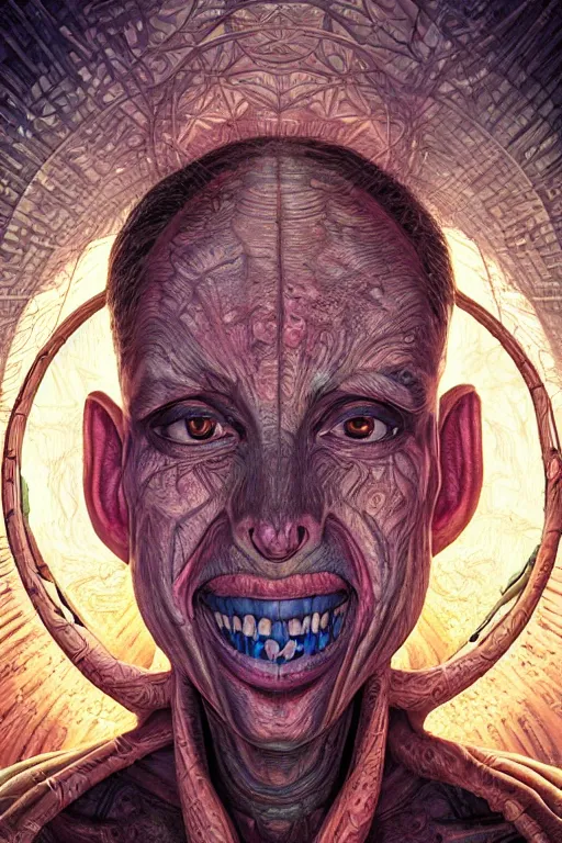 Prompt: cinematic portrait of Goblin. Centered, uncut, unzoom, symmetry. charachter illustration. Dmt entity manifestation. Surreal render, ultra realistic, zenith view. Made by hakan hisim feat cameron gray and alex grey. Polished. Inspired by patricio clarey, heidi taillefer scifi painter glenn brown. Slightly Decorated with Sacred geometry and fractals. Extremely ornated. artstation, cgsociety, unreal engine, ray tracing, detailed illustration, hd, 4k, digital art, overdetailed art. Intricate omnious visionary concept art, shamanic arts ayahuasca trip illustration. Extremely psychedelic. Dslr, tiltshift, dof. 64megapixel. complementing colors. Remixed by lyzergium.art feat binx.ly and machine.delusions. zerg aesthetics. Trending on artstation, deviantart