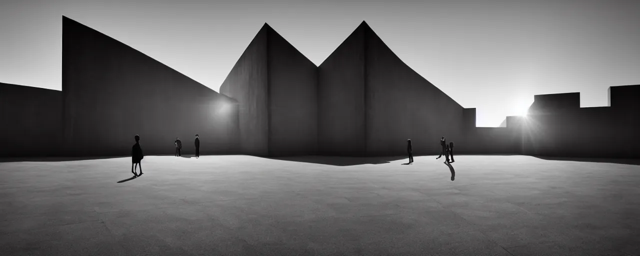 Prompt: Hyper realistic brutalist museum interior with a big abstract sculpture, blurred silhouettes of people walking in the distance, sun rays at sunset, hard shadows, volumetric fog, Hyper realistic film photography by Yohji Yamamoto, Zeiss 24mm f2.8, Hasselblad, insanely detailed, sharp focus