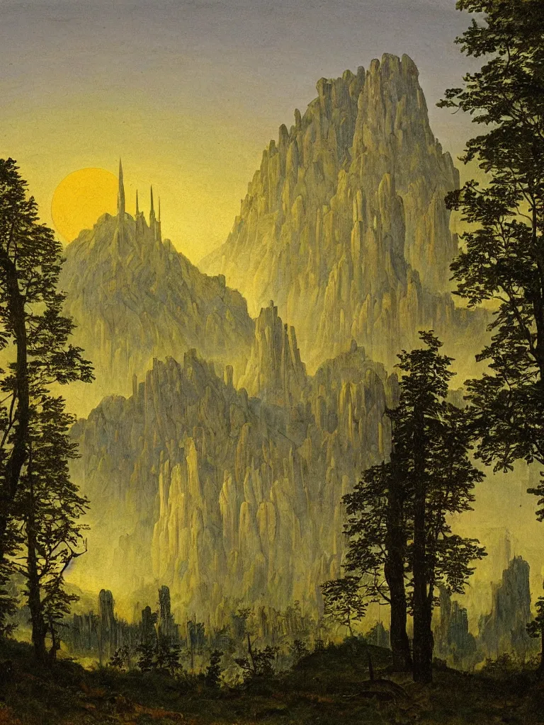 Prompt: An oil painting of a cathedral in nature, stained glass, trees, mountains in the distance, by Caspar David Friedrich