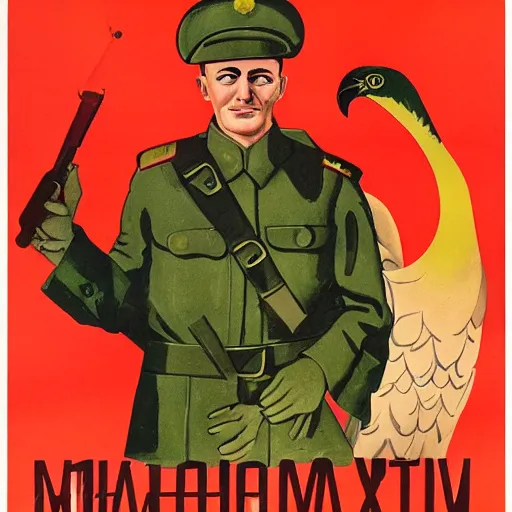 Image similar to soviet propaganda poster depicting a dromaius novaehollandiae in military uniform