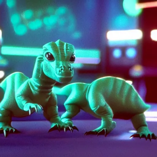 Image similar to baby dinosaurs in tron movie, cinestill