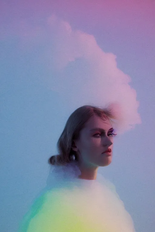 Image similar to high quality pastel coloured film close up wide angle photograph of a model wearing clothing resting on cloud furniture in a icelandic black rock!! environment in a partially haze filled dreamstate world. three point light, rainbow. photographic production. art directed. pastel colours. volumetric clouds. pastel gradient overlay. waves glitch artefacts. extreme facial clarity. 8 k. filmic.