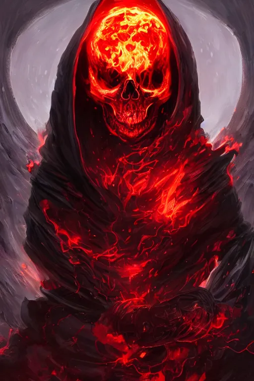 Image similar to A full body portrait of a mysterious character with a flaming skull with a very long hooded blood red and black cloak, tentacles coming out the ground art by Jason Chan and Feng Zhu, ominous, cosmic horror, trending on artstation, Ultra detailed, hyper realistic 4k