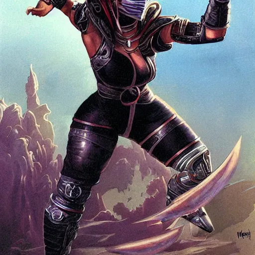 Image similar to Female mortal Kombat warrior in a spaceship, by normal Rockwell and Gerald Brom