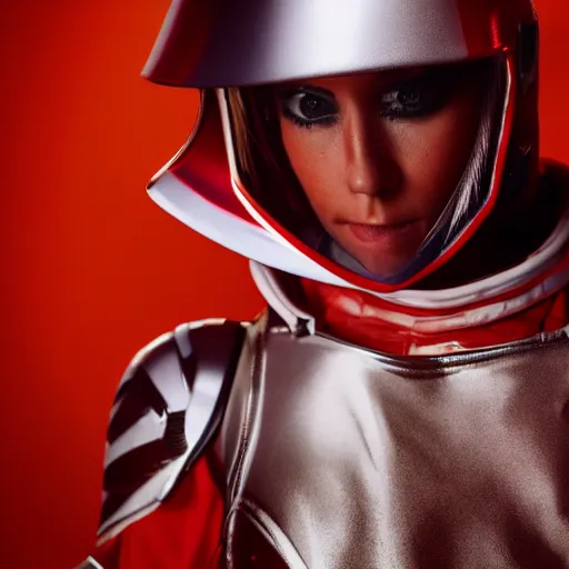 Image similar to headshot of a athletic female soldier in glossy sleek white armor with tiny red details and a long red cape, heroic posture, on the surface of mars, night time, dramatic lighting, cinematic, sci-fi, hyperrealistic