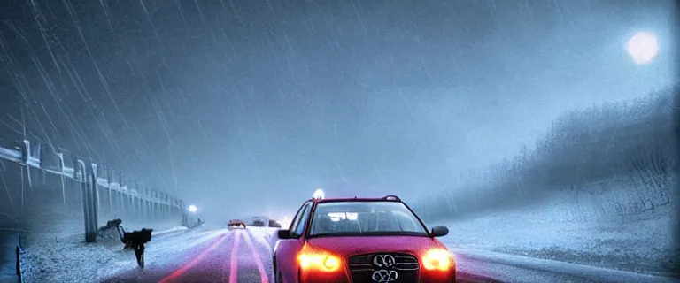 Prompt: Audi A4 B6 Avant (2002), a gritty neo-noir, Robot horror, dramatic bright lighting, cinematic, establishing shot, extremely high detail, photorealistic, cinematic lighting, artstation, by simon stalenhag, Snowy italian road, Snowy Apennines, At night, Poets of the Fall - Late Goodbye