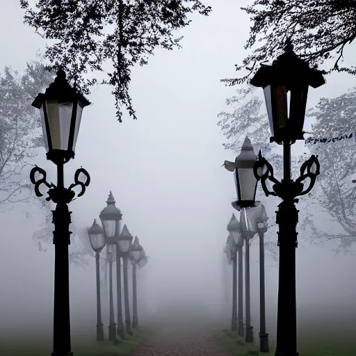 Image similar to a victorian street lamp in a foggy field at dusk, indigo sky