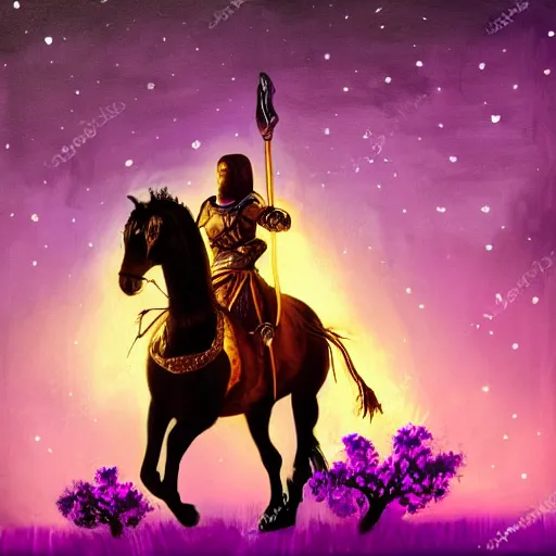 Prompt: female knight riding a horse, holding a violet torch that lights up the dark forest during the night painting