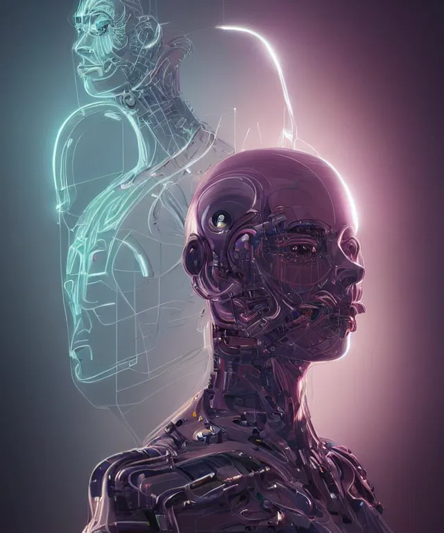 Image similar to a man turning into an android portrait wearing a part cybernetic body, surrealism, scifi, intricate, elegant, sharp eyebrows, highly detailed cybernetic body, neon glowing eyes, digital painting, artstation, concept art, smooth, sharp focus, illustration, art by artgerm and moebius and peter mohrbacher