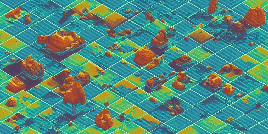 Prompt: isometric vintage analog polaroid photography of an alien planet, color bleed, tiles, videogame, pixelart, pixels, low resolution