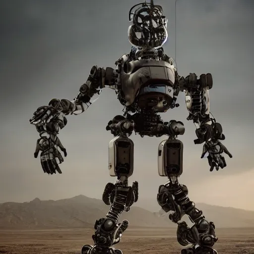 Prompt: A rundown large humanoid robot, uncaring, bleak tone, post apocalyptic, Nuttavut Baiphowongse, Mark Armstron, amad, rendered by octane, 8k, ultra 8k, hyper realistic, photorealistic, photo