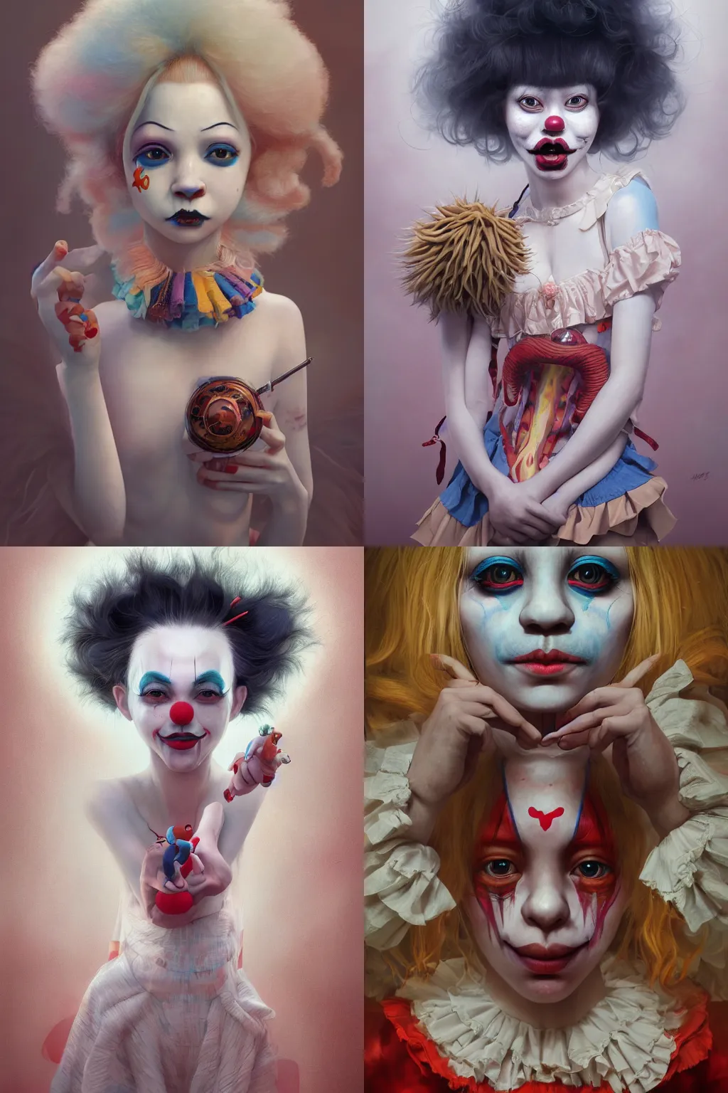 Image similar to breathtaking detailed painting of clown girl , with anxious, piercing eyes, Atari game cover art by Hsiao-Ron Cheng, James jean, Miho Hirano, Hayao Miyazaki, extremely moody lighting, hyperrealistic, octane render, RPG portrait, ambient light, dynamic lighting