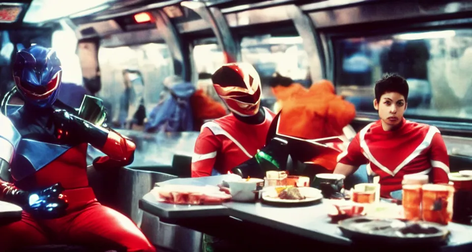 Prompt: Power Rangers film, a scene where A Power Ranger is eating only alone in a dark diner, he is tired and sitting on the subway Seats, Dark cinematic color tones.