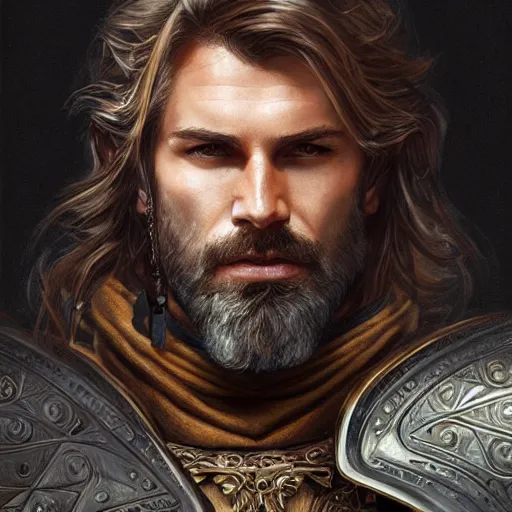 Image similar to portrait of a ruggedly handsome paladin, soft hair, muscular, half body, leather, hairy, d & d, fantasy, intricate, elegant, highly detailed, digital painting, artstation, concept art, smooth, sharp focus, illustration, art by artgerm and greg rutkowski and alphonse mucha