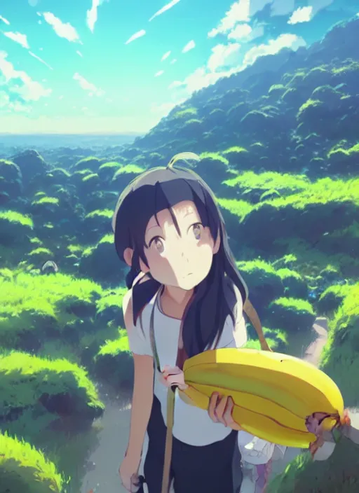 Image similar to ten thousand people holding a banana, cloudy sky background lush landscape illustration concept art anime key visual trending pixiv fanbox by wlop and greg rutkowski and makoto shinkai and studio ghibli,