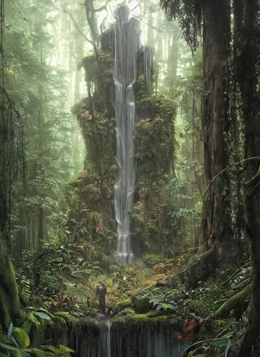 Image similar to a hyper realistic architectural witch shrine under a waterfall in the woods, gorgeous lighting, lush forest foliage, painting by chiara bautista and tom bagshaw, muca beksinski and norman rockwell and greg rutkowski weta studio, and lucasfilm