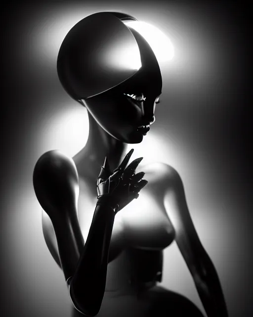 Prompt: black and white high quality photo of a female AI-queen-dragon-meshes-cyborg looking into a sci-fi mirror, volumetric lighting, brutalism, foggy, dreamy, hyperdetailed, bokeh, photorealistic, cinematic, masterpiece, elegant, dark, by Man Ray in the style of Horst P. Horst, octane render, 8K,