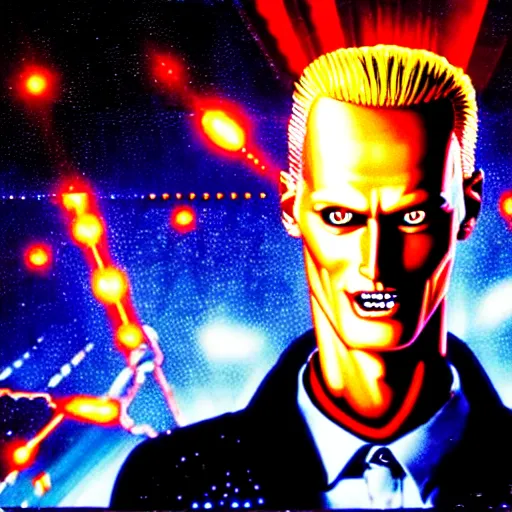 Image similar to uhd hyperrealistic photorealisitc detailed image of cosmic max headroom with sparking, busted, broken cybernetic implants, correct face, matt frewer as max headroom by ayami kojima, akira toriyama, and shonen jump.